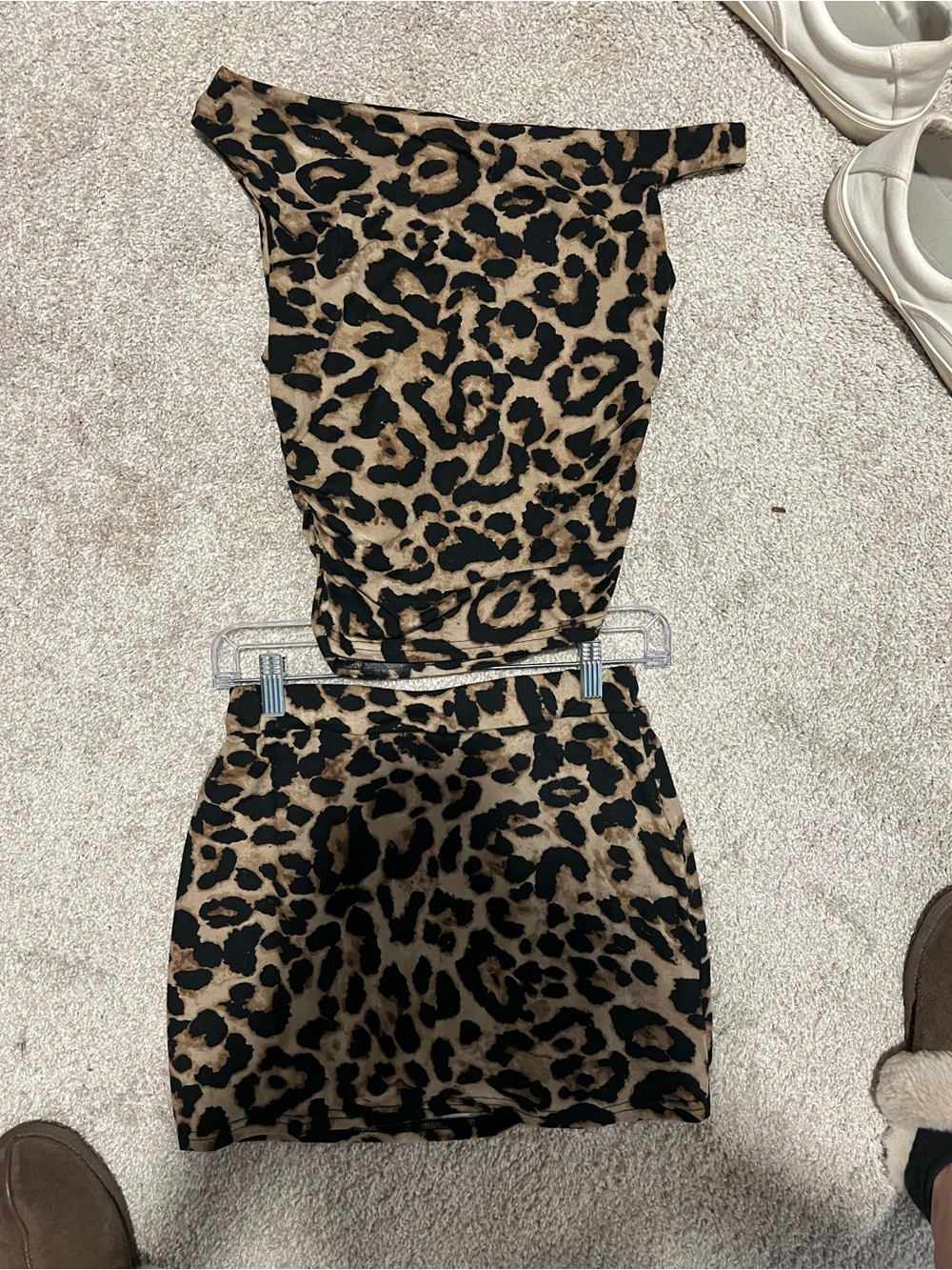 One-Shoulder Leopard Print 2 Piece Set - Tan & Black